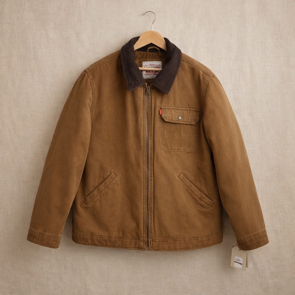 LEVI STRAUSS & CO. Brown Canvas Workwear Chore Jacket Corduroy Collar Zip Front